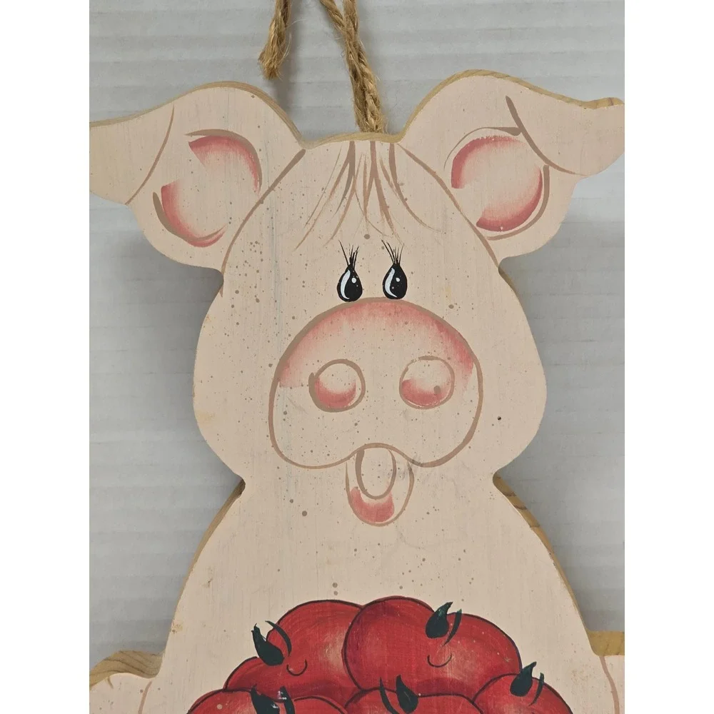 Vintage 90s Hand Painted Wooden Pig Apple Basket Wall Decor Farmhouse Folk Art